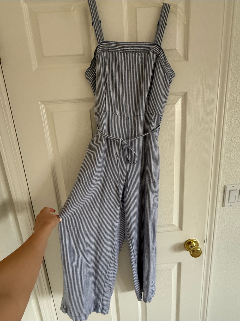 Old Navy Blue and White Striped Wide-Leg Jumpsuit with Tie Waist